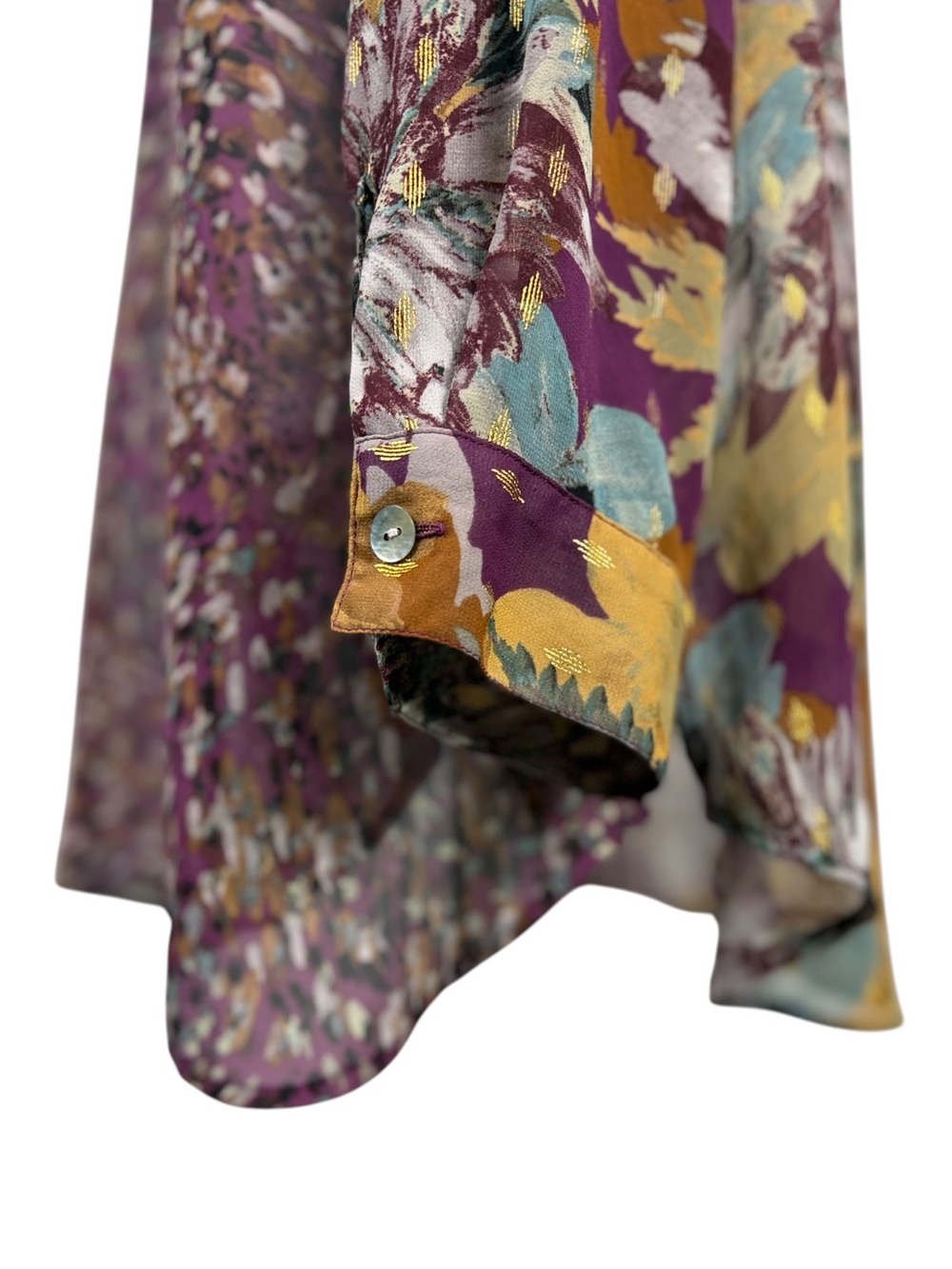 Figueroa & Flower Sheer Floral Button-Down Shirt in Purple & Gold Plus Size 1X - Picture 4 of 11